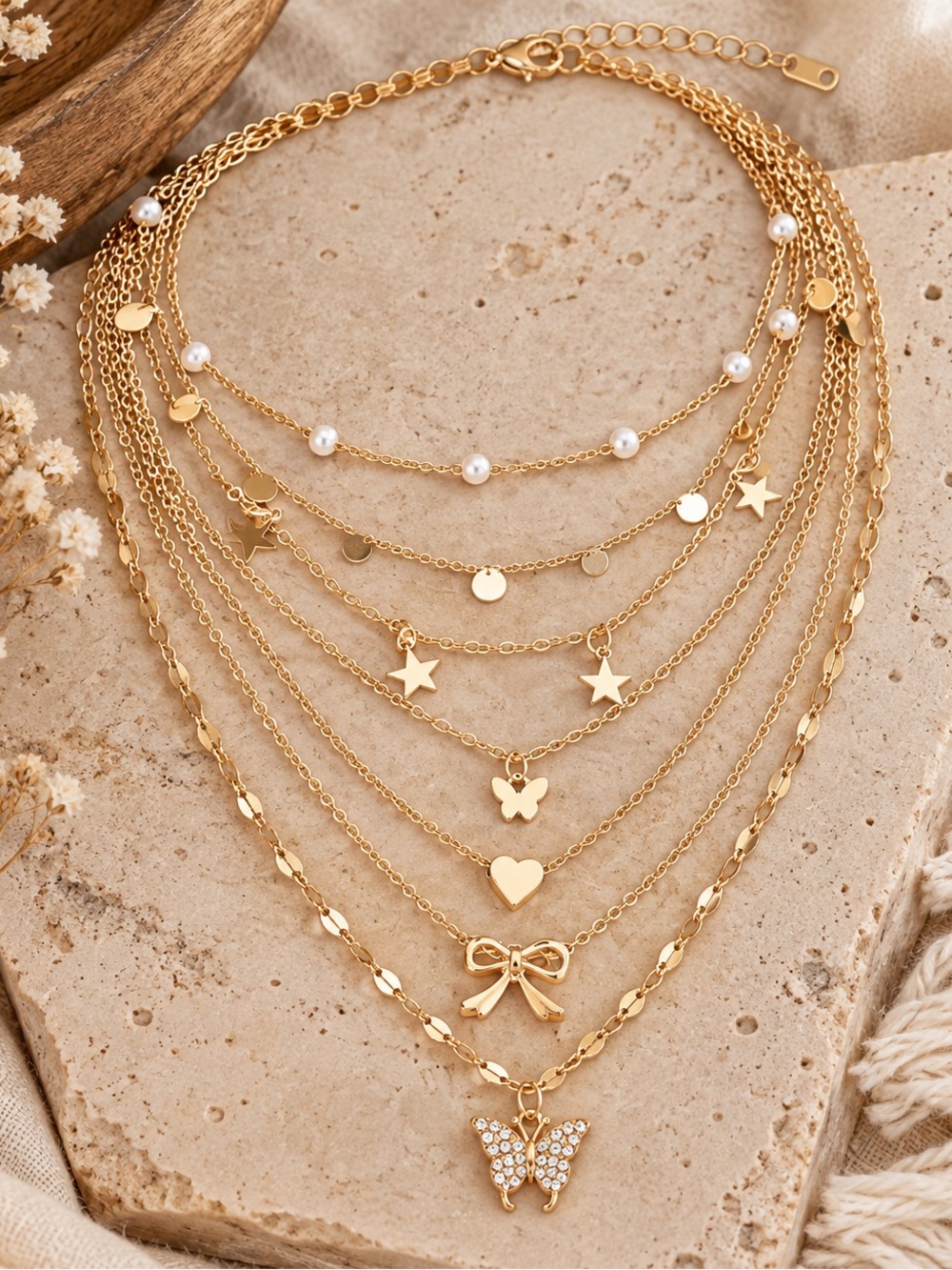 7pc Gold Layered Necklace Set Butterfly Heart Pearl Boho NWT